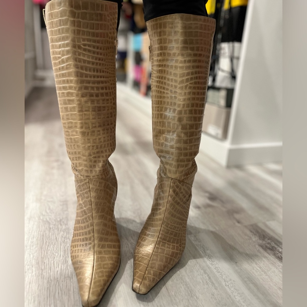 Nine West Gold Alligator Print Knee High Boot. Size 5.5